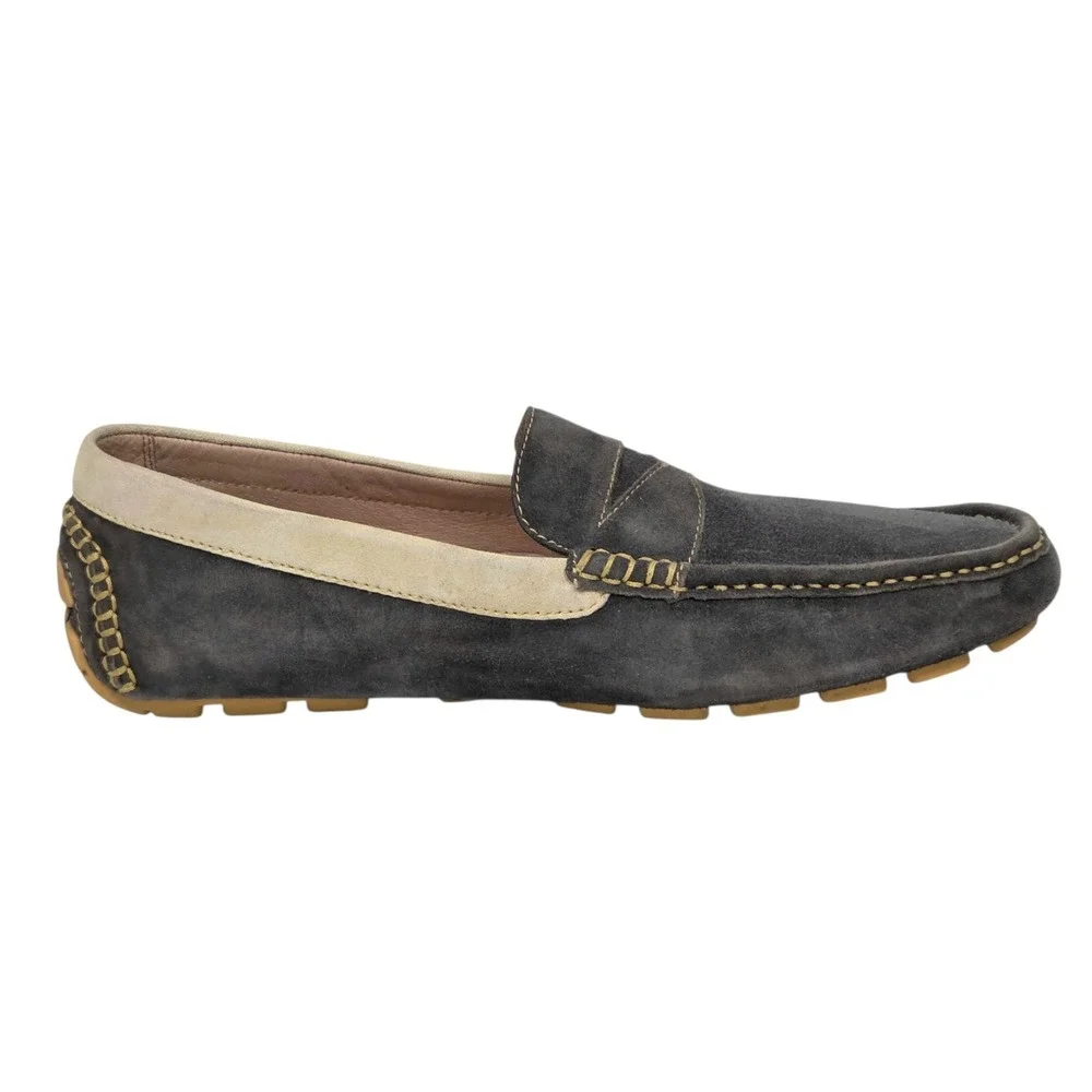 Donald J Pliner Loafers Mens 9.5 Grey Suede Penny Driver Contrast Stitch Slip On